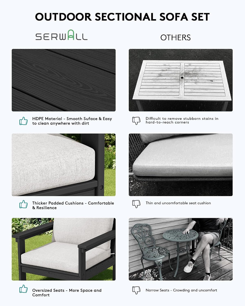SERWALL HDPE Patio Sofa Set, 3-piece Sectional Outdoor Furniture Set, All Weather Outdoor Couch Set Patio Furniture Set for Deck, Lawn, Black Frame with Khaki Cushion