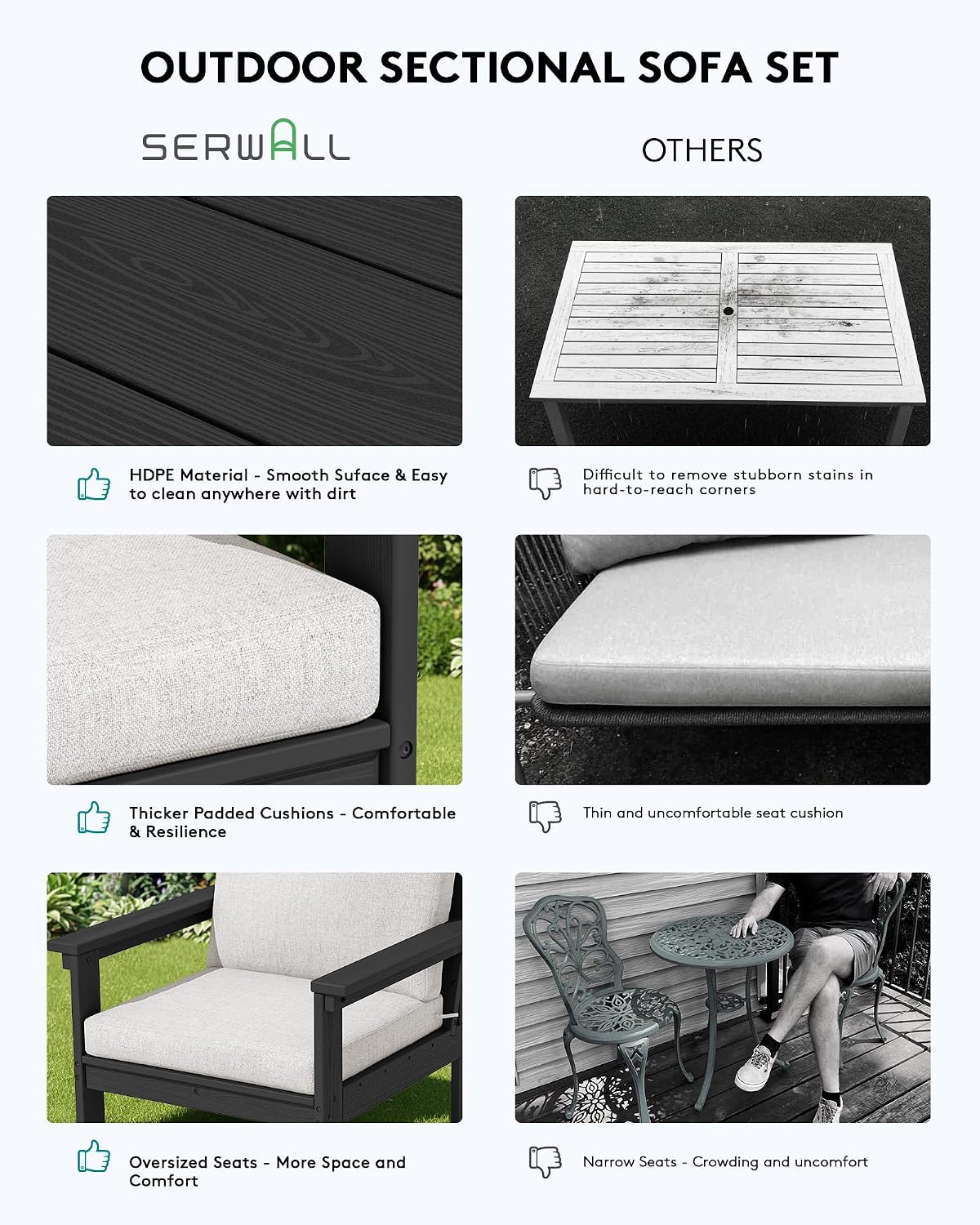 SERWALL HDPE Patio Sofa Set, 3-piece Sectional Outdoor Furniture Set, All Weather Outdoor Couch Set Patio Furniture Set for Deck, Lawn, Black Frame with Khaki Cushion
