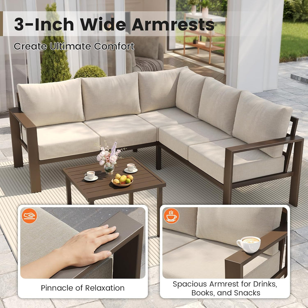 UDPATIO 6 Piece Patio Furniture Set, Metal Outdoor Sectional Sofa with 6' Thick Olefin Cushions, Wide Armrest & Coffee Table, L Shaped Outdoor Furniture for Garden, Backyard Beige