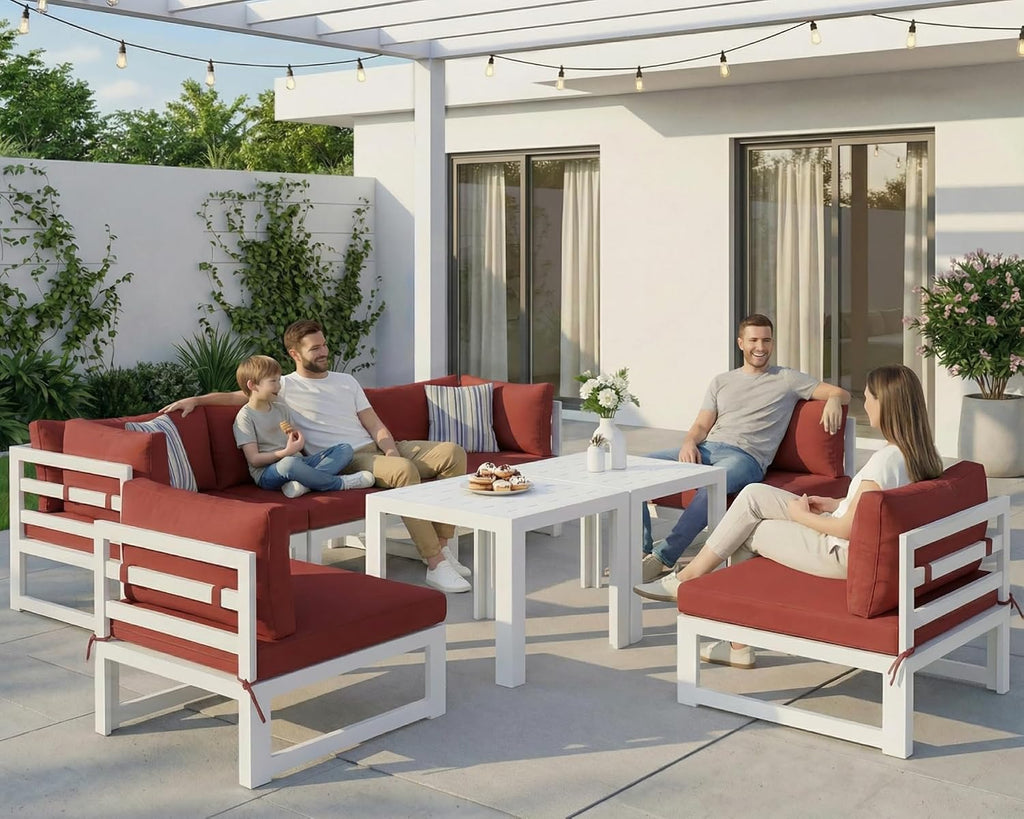 NICESOUL 6 Person Modern Aluminum Outdoor Patio Furniture Set, 29' Wide Deep Seating, Fade & Water Resistant L Shaped Modular Sectional Couch, Large Comfy Conversation Set for Backyard Terrace, Red