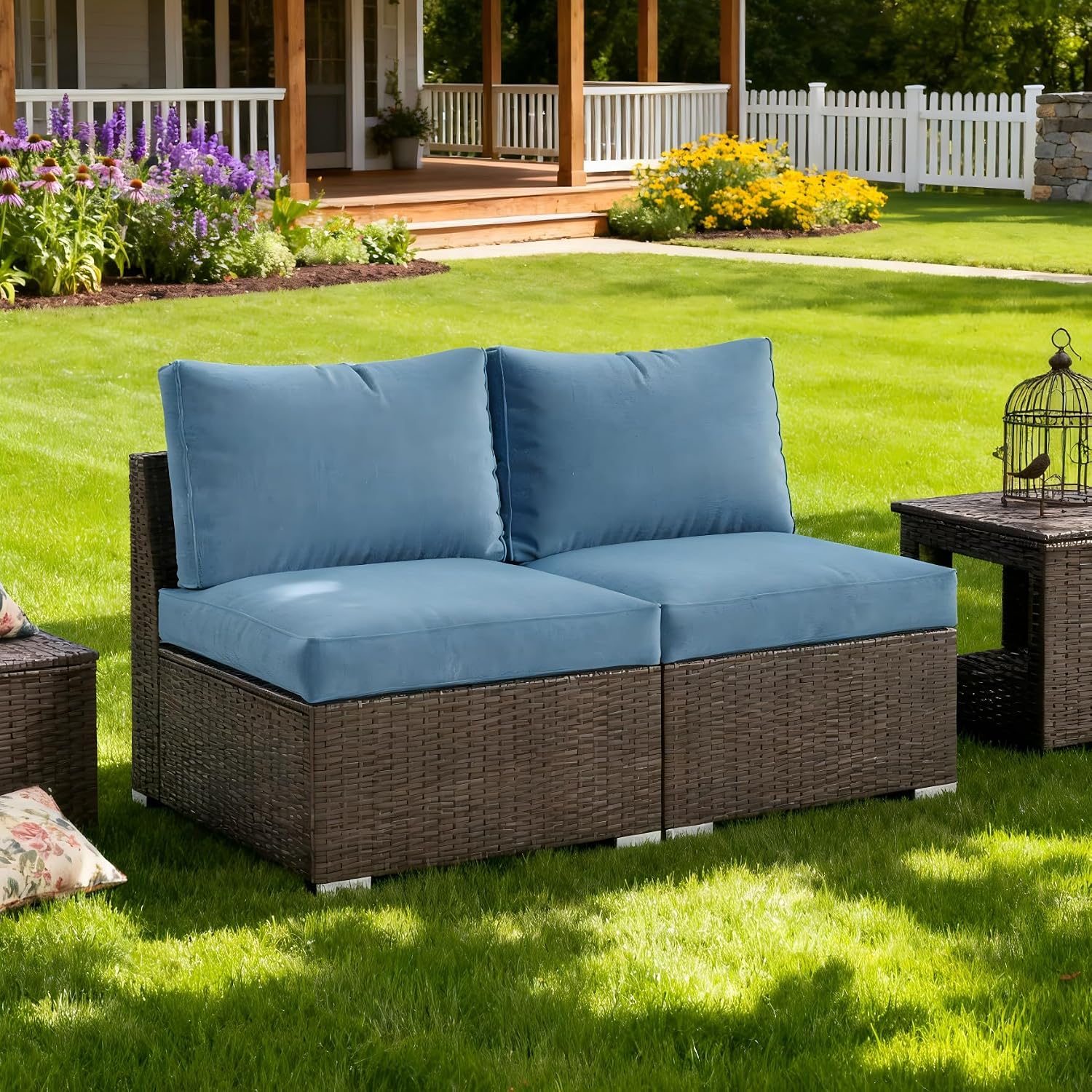 Wisteria Lane Patio Furniture Set, 2 Pieces Armless Wicker Outdoor Furniture Patio Couch with Washable Cushions, Oversized Outdoor Sectional for Garden, Poolside, Backyard, Blue