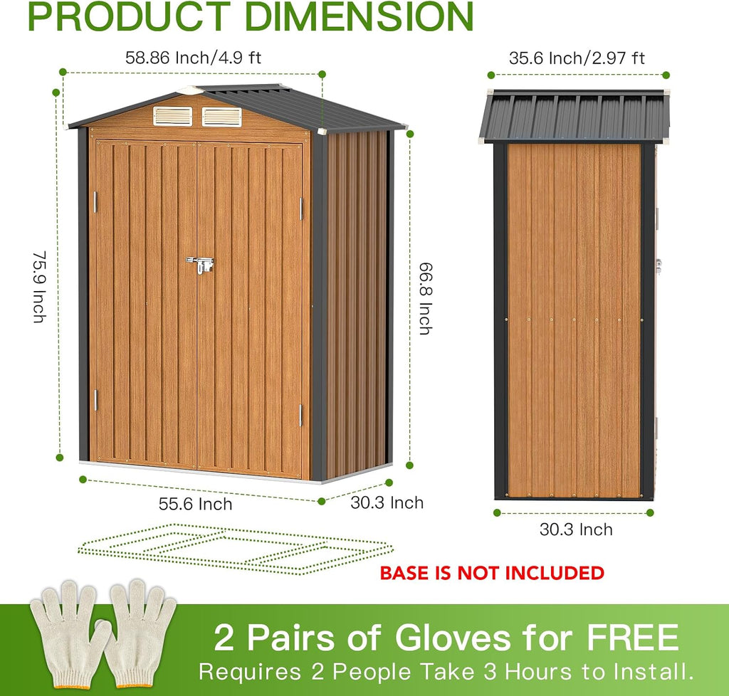 Outdoor Storage Shed, 5x3 Ft Metal Steel Tiny House with Lockable Door, Vertical Outside Storage Building for Garden, Backyard, Lawn, Patio Utility, Tool Storage