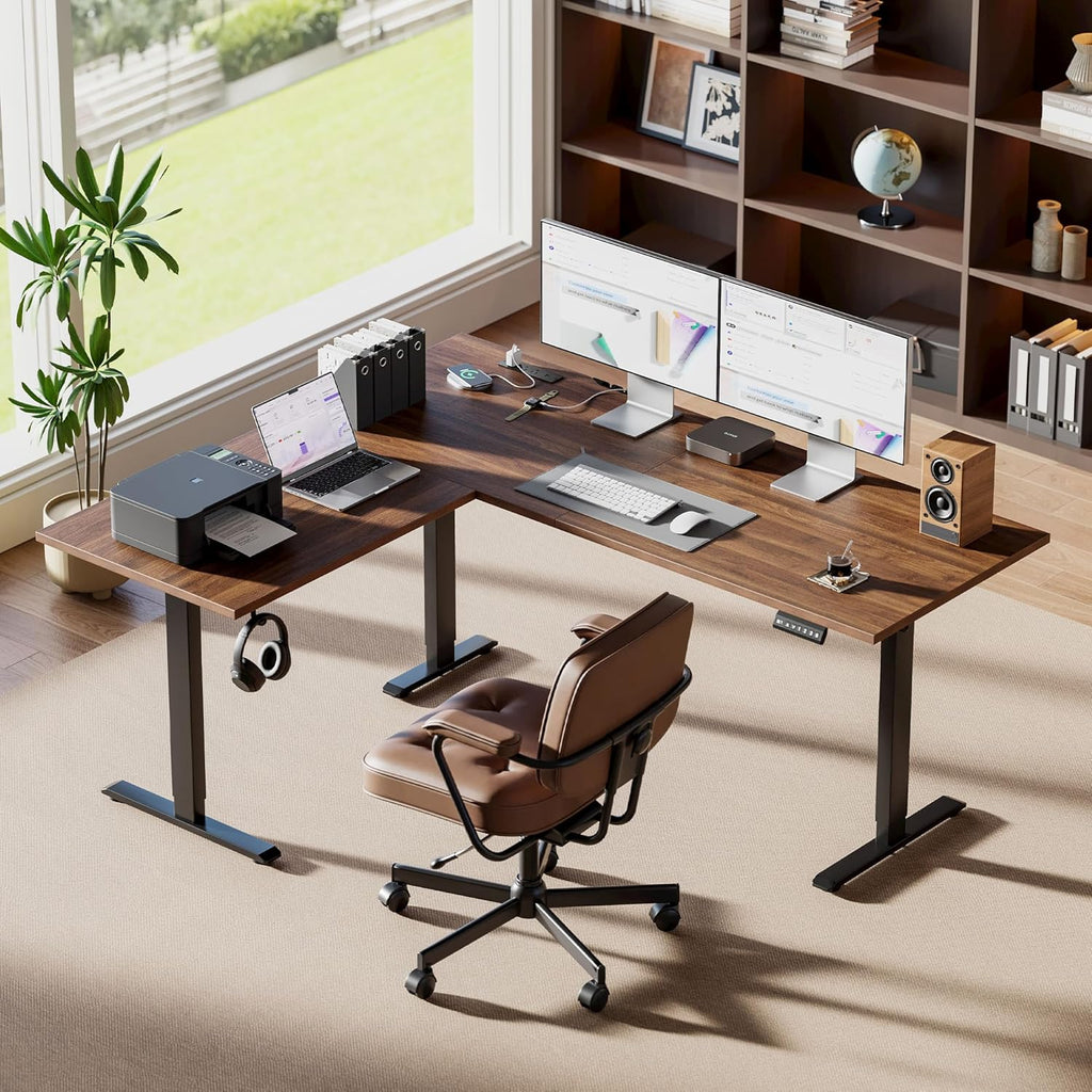 Agilestic Electric L Shaped Standing Desk 75 x 61 Inch with Power Outlet, Height Adjustable Corner Stand up Desk with Cable Management,Sit Stand Home Office Workstation with Splice Board, Dark Walnut