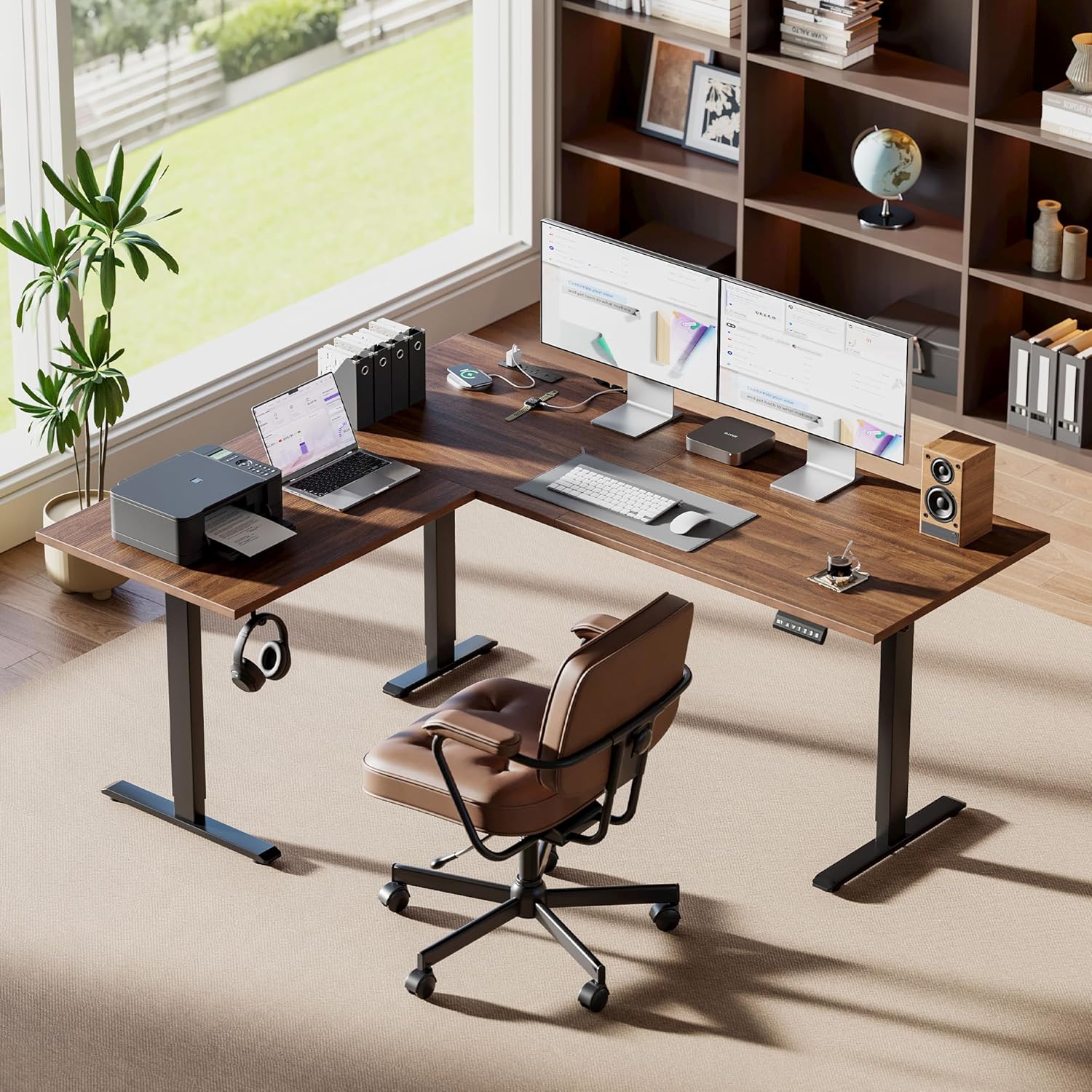 Agilestic Electric L Shaped Standing Desk 75 x 61 Inch with Power Outlet, Height Adjustable Corner Stand up Desk with Cable Management,Sit Stand Home Office Workstation with Splice Board, Dark Walnut