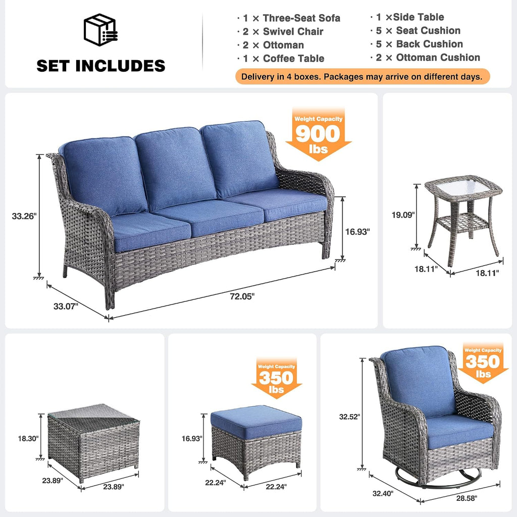 ovios 7 Pieces Patio Furniture Set with Swivel Rocking Chairs, Outdoor Wicker Sofa Couch Glass Coffee Table, All Weather High Back Modern Conversation Set, Grey Rattan, Denim Blue