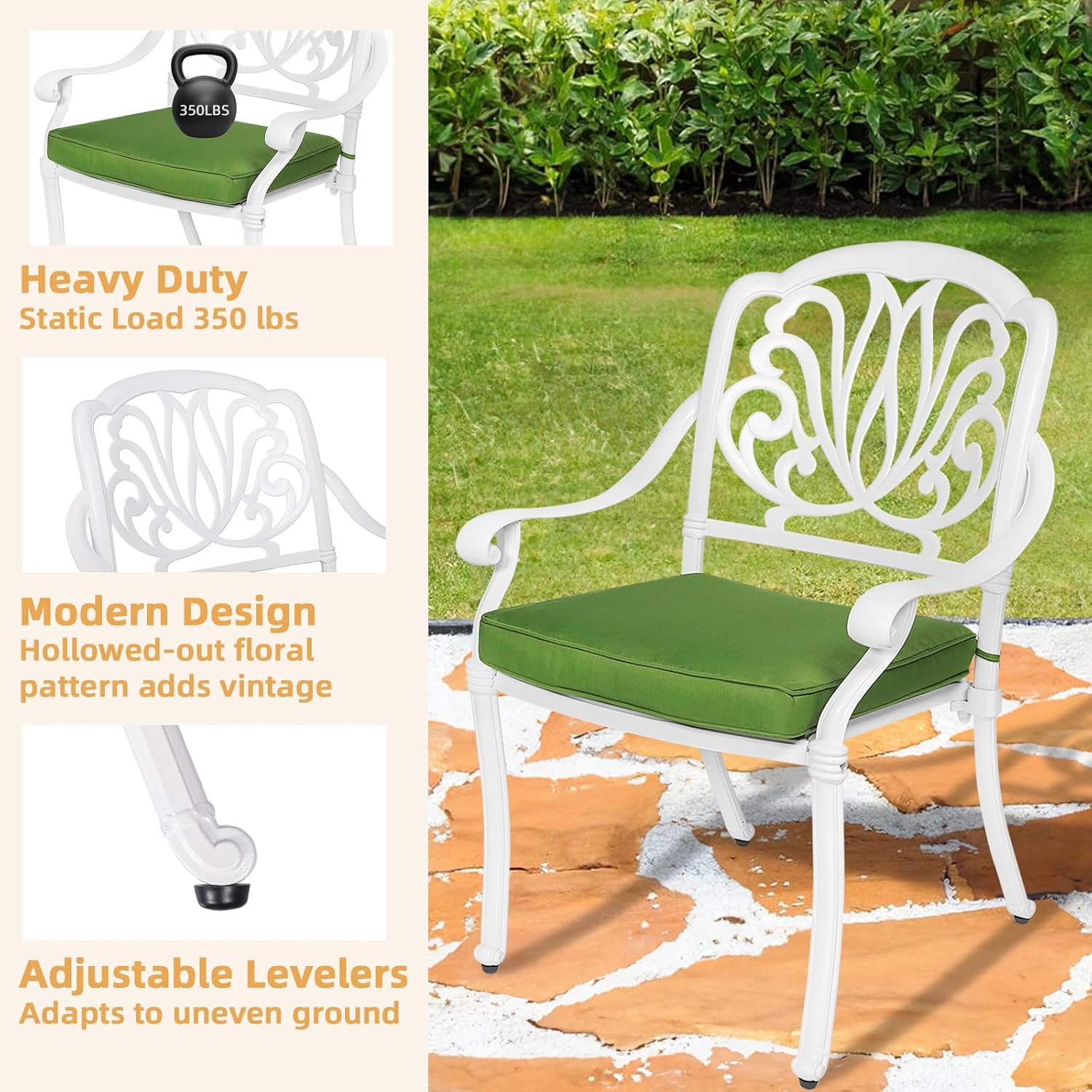 5-Piece Outdoor Patio Dining Set, All-Weather Cast Aluminum Patio Furniture Set for Backyard Garden Deck with 4 Chairs, 4 Cushions and 38.5' Round Table, 2.2' Umbrella Hole, White