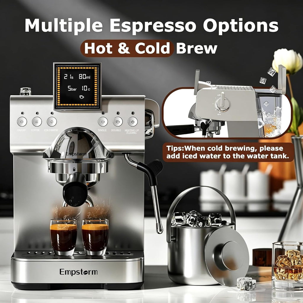 20 Bar Espresso Machine with Milk Frother 1350W Coffee Maker with Hot& Cold Dual-Mode Brewing Compact Stainless Steel Latte & Cappuccino Machine with PID Temp Control for Home Office, 50oz Water Tank