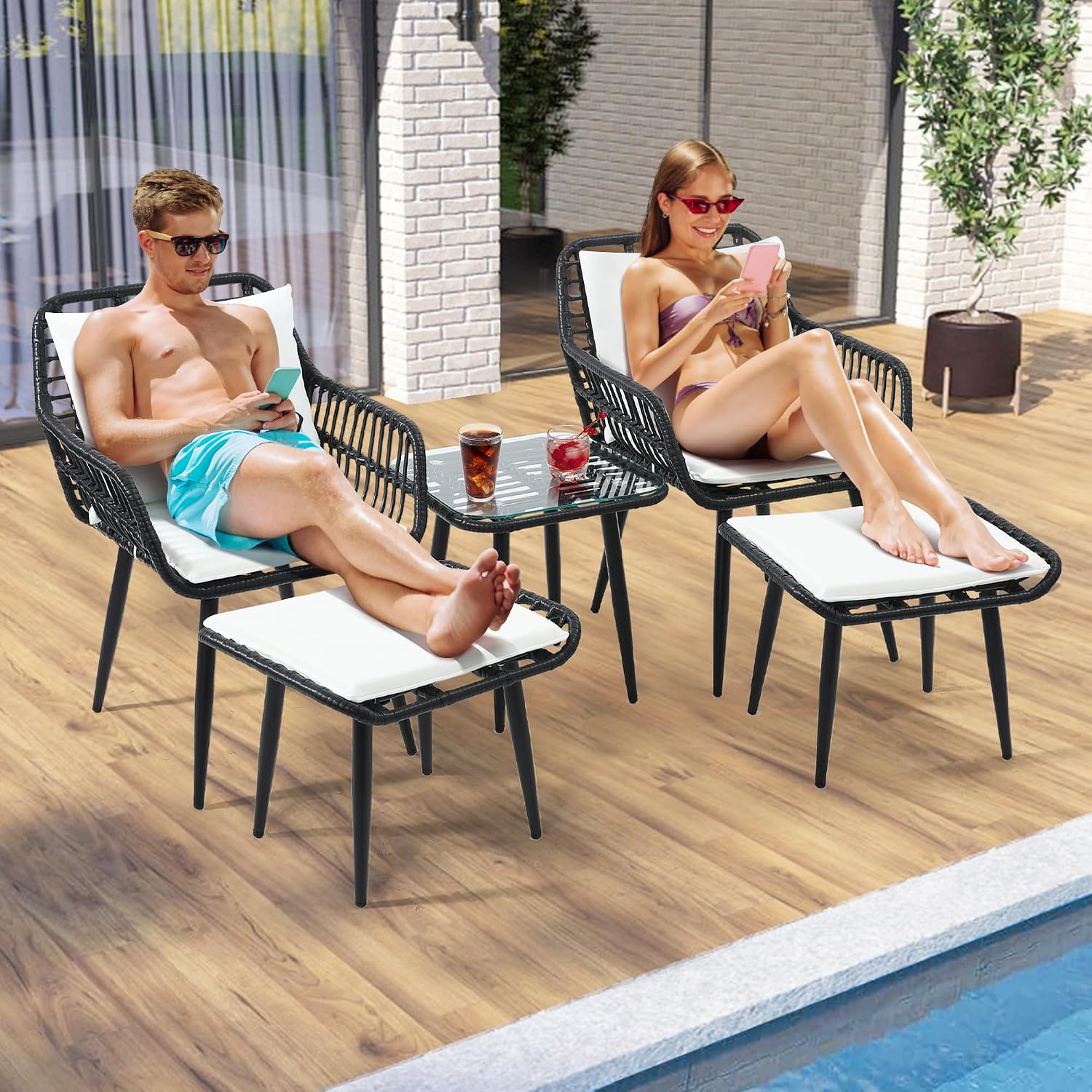 KROFEM 5 Piece Wicker Bistro Patio Conversation Furniture Set, Includes 2 Chairs, 2 Ottomans, and Side Table, Ideal for Porch, Balcony, Deck, Backyard, Black