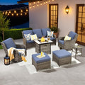 ovios 7 Pieces Patio Furniture Set with 30 inch Fire Pit Table, Outdoor Wicker Sofa Couch Swivel Rocking Glider Chairs, Modern Luxury Conversation Set, Grey Rattan, Denim Blue
