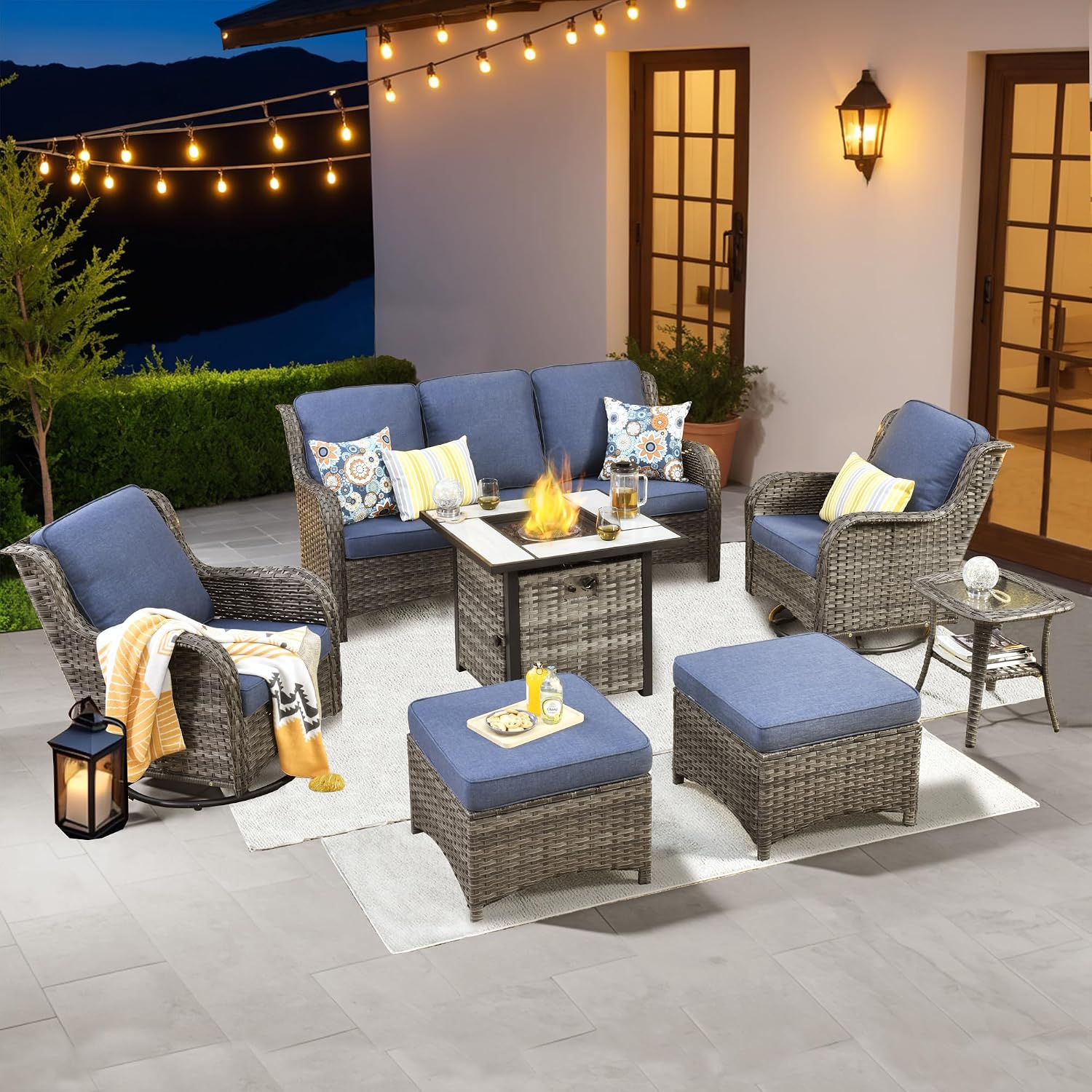 ovios 7 Pieces Patio Furniture Set with 30 inch Fire Pit Table, Outdoor Wicker Sofa Couch Swivel Rocking Glider Chairs, Modern Luxury Conversation Set, Grey Rattan, Denim Blue