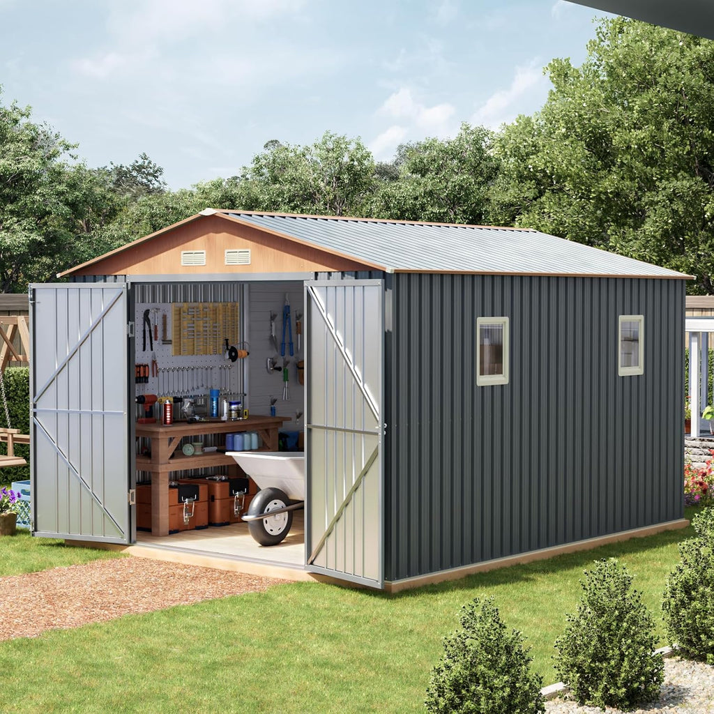 Verdeluxe 10x12x7.4FT Multi-Used Shed & Outdoor Storage Shed with Base, Lockable Doors, Windows and Vents, Extra Large Metal Shed for Garden,Backyard, Patio,Utility, Various Storage Shed(Matte Gray)