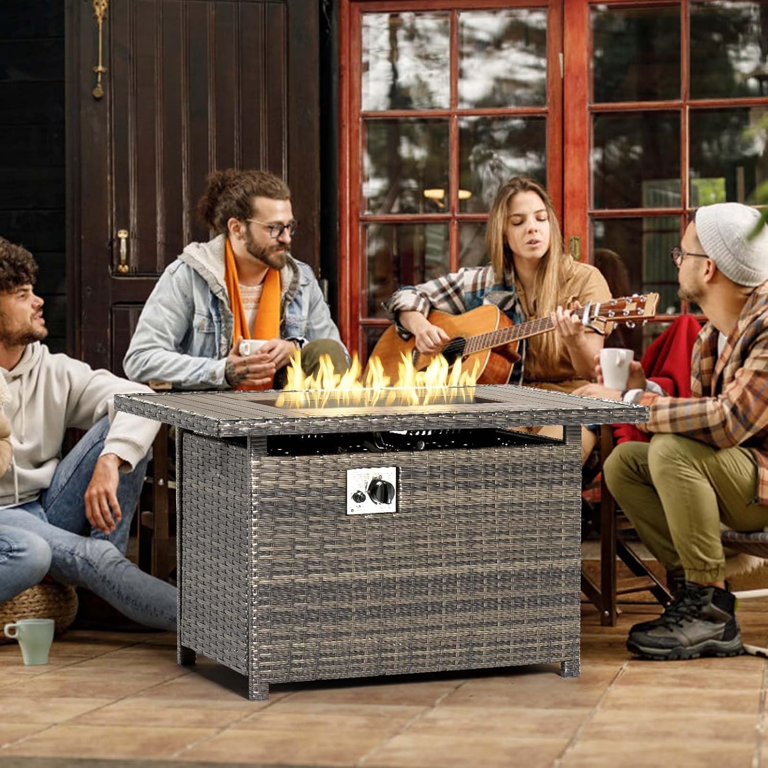 Aoxun 44' Propane Fire Pit 50,000 BTU Outdoor Wicker Fire Table with Wood-grainTabletop Patio Rectangular 2-in-1 Gas Fire Pit Table with Firepit Lid and Waterproof Cover（Gray）