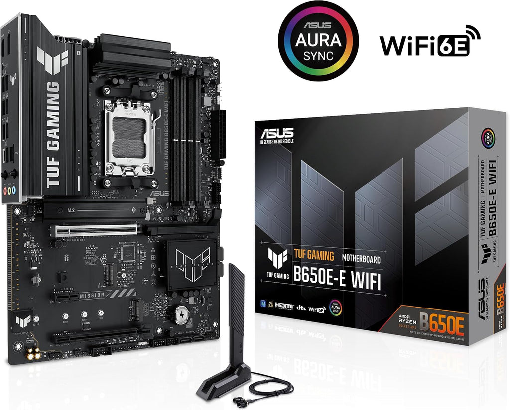 ASUS TUF GAMING B650E-E WIFI AMD AM5 B650 ATX motherboard, 8+2+1 80A DrMOS stage, DDR5, PCIe 5.0 Ready, 3x M.2, Wi-Fi 6E, 2.5 Gb LAN, DisplayPort, HDMI™, USB 20Gbps Type-C®, BIOS FlashBack™, Aura Sync