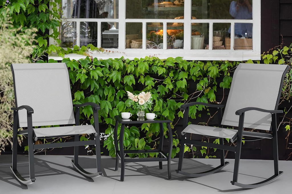 Vongrasig 3 Piece Outdoor Rocking Bistro Set, Textilene Fabric Small Patio Furniture Set, Front Porch Rocker Chairs Conversation Set with Glass Table for Lawn, Garden, Balcony, Poolside (Light Gray)