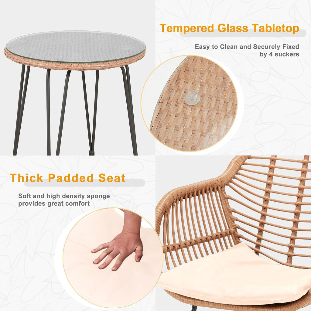 PROHIKER 3 Pieces Outdoor Wicker Bistro Patio Furniture Set, Porch Furniture Rattan Conversation Sets with Side Table and Cushions for Garden Poolside Backyard, Yellow/Beige