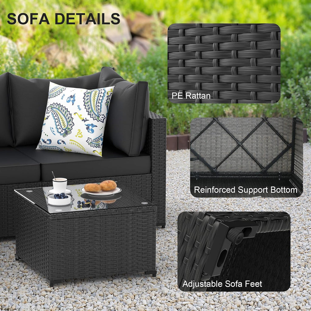 Patio Furniture Set, 5PCS Outdoor Sectional with Ottoman Wicker Rattan Patio Couch with Thickened Cushion Modular Wicker Patio Conversation Set with Glass Top Table for Balcony, Backyard (Black)