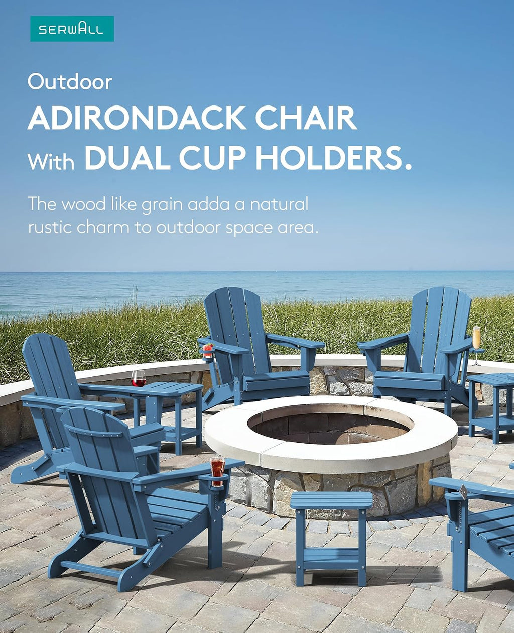 SERWALL Folding Adirondack Chairs, HDPE Adirondack Chairs Set of 4, Plastic Outdoor Chairs,Blue
