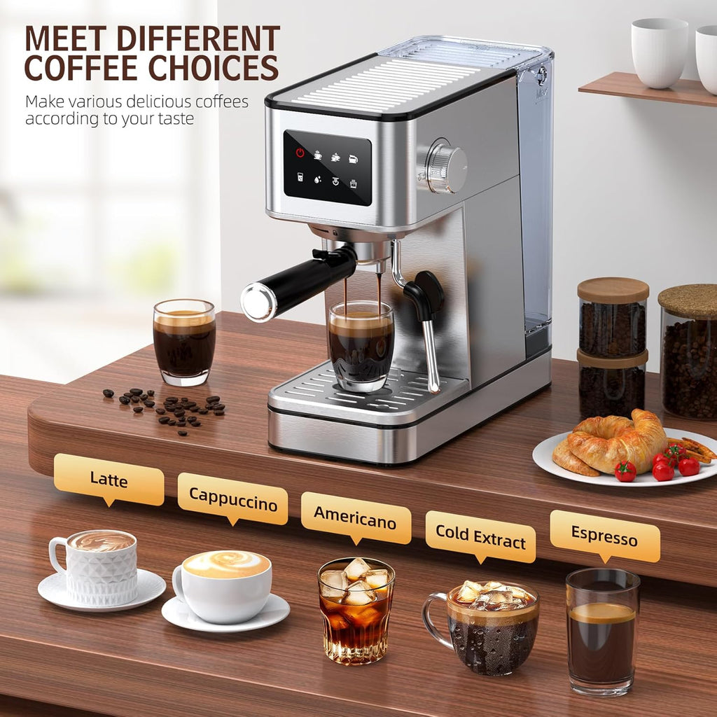 Espresso Machine with Milk Frother, 20 Bar Compact Coffee Machine with Touch Screen & 57.5oz Removable Water Tank for Home, Stainless Steel Espresso Maker for Cappuccino, Latte, Silver