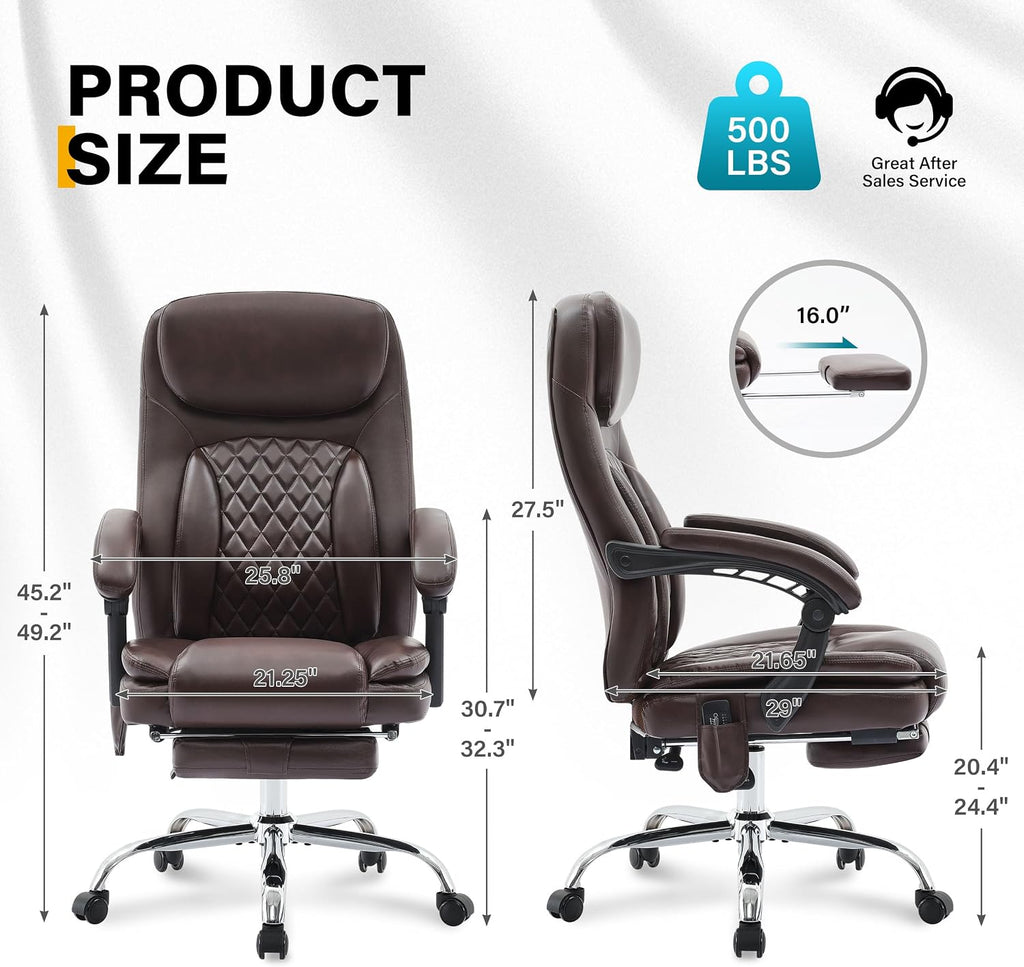 6-Point Massage Office Chair with Heated, Ergonomic Office Chair with Footrest & 45°Reclining High Back, Big and Tall Executive Office Chair 500LBS, Thick Cushion Desk Chair for Home Office, Brown(PU)