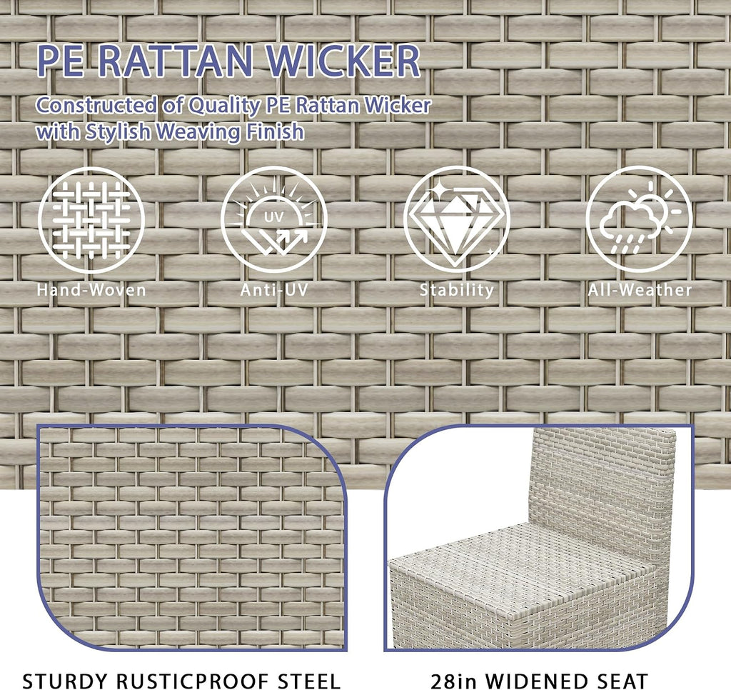 7 Piece Patio Furniture Set with 50,000 BTU Rattan Fire Pit Table that Converts to Coffee Table, 9.8' Wide Arm Sectional Sofa with Storage Armrests, Outdoor Rattan Conversation Set, Khaki
