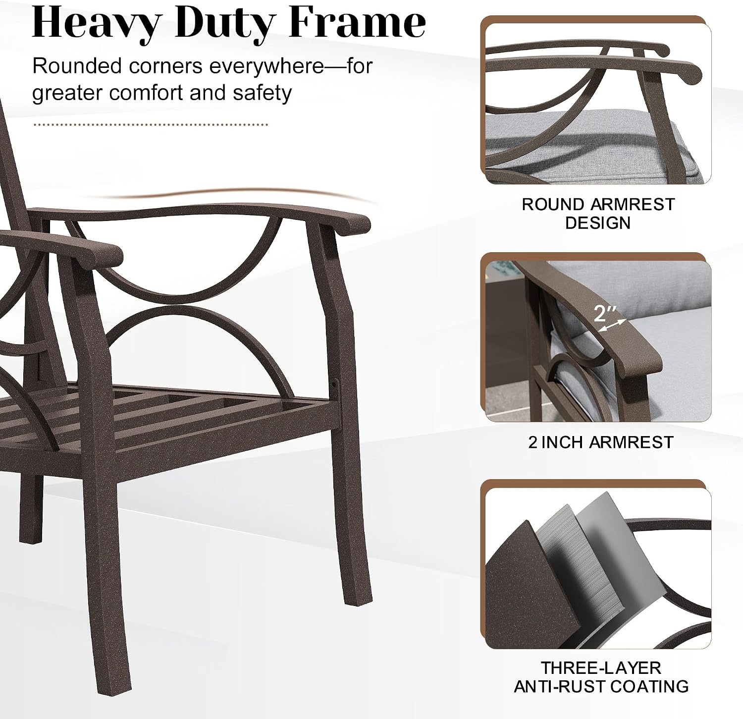 FansaFurn Outdoor Patio Furniture Set, 3 Pieces Metal Patio Conversation Set with Side Table for Backyard Garden Porch, Grey