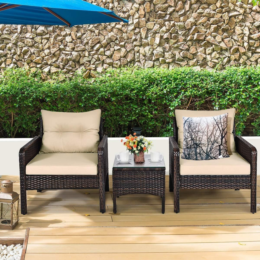 COSTWAY 3 Pieces Patio Furniture Set, Outdoor Wicker Cushioned Sofa Set with Coffee Table, All Weather Rattan Conversation Set for Garden Balcony Backyard Poolside Lawn, Beige
