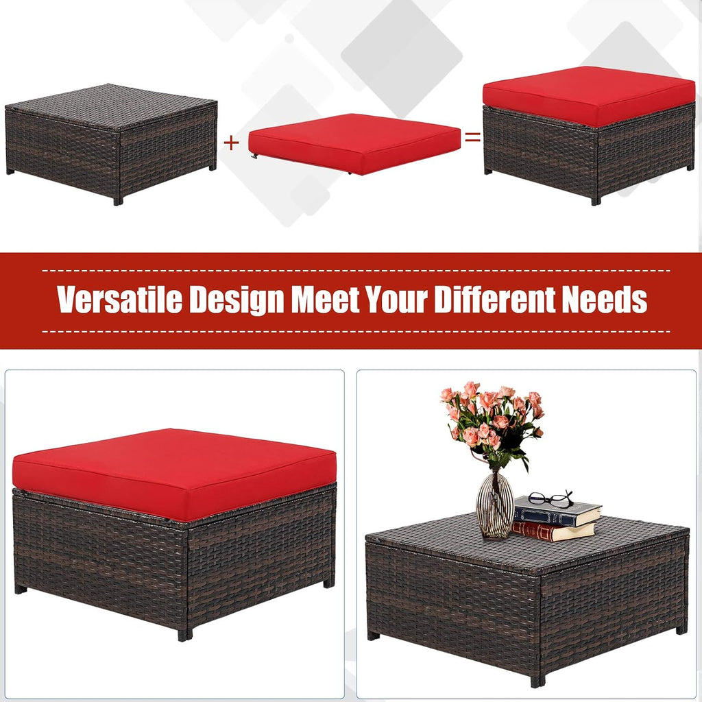 Tangkula 5 Pieces Rattan Patio Furniture Set, Outdoor Sectional Wicker Sofa Set with Loveseat, 2 Single Sofas, 2 Ottomans & Removable Cushions, Outside Daybed Sofa for Yard, Garden, Poolside (Red)