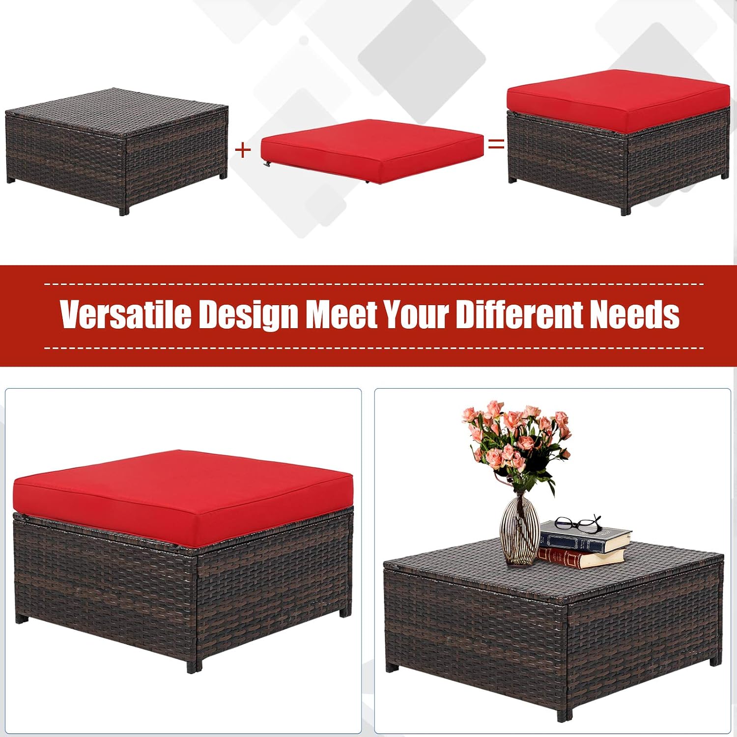 Tangkula 5 Pieces Rattan Patio Furniture Set, Outdoor Sectional Wicker Sofa Set with Loveseat, 2 Single Sofas, 2 Ottomans & Removable Cushions, Outside Daybed Sofa for Yard, Garden, Poolside (Red)