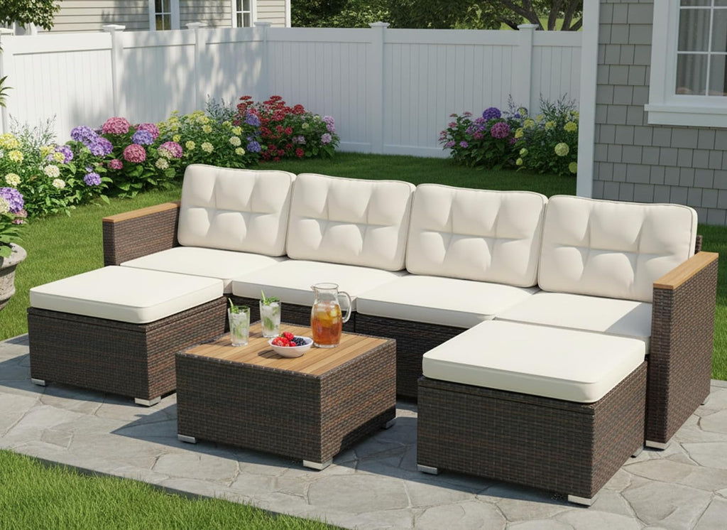 Tangkula 7 Pieces U Shape Outdoor Furniture Set, Patio Rattan Cushioned Chairs & Coffee Table Set, Outdoor Sectional Conversation Sofa with Wood Armrests & Tabletop for Backyard, Porch, Balcony