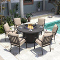 Kurapika 7 Piece Metal Outdoor Patio Furniture Set with 48' Round Fire Pit Table, Patio Conversation Sets 6 Fixed Chairs with Thick Cushion and 40000 BTU Propane Fire Pit Table, Sand