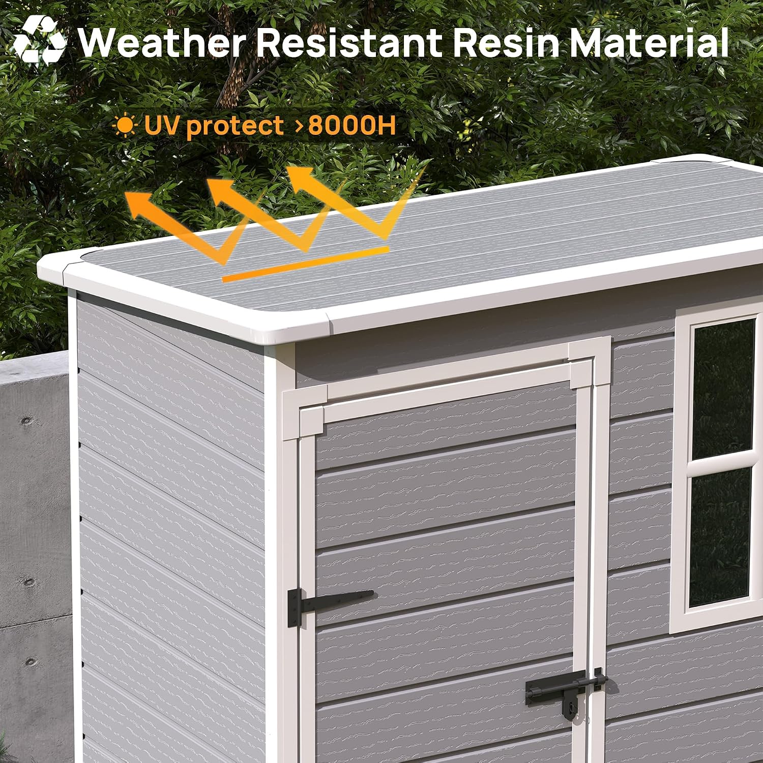 Outdoor Plastic Storage Shed with Floor, 5x3 FT Waterproof Resin Shed with Lockable Door & Window for Bike, Garbage Can, Lawn Mower, Grey White
