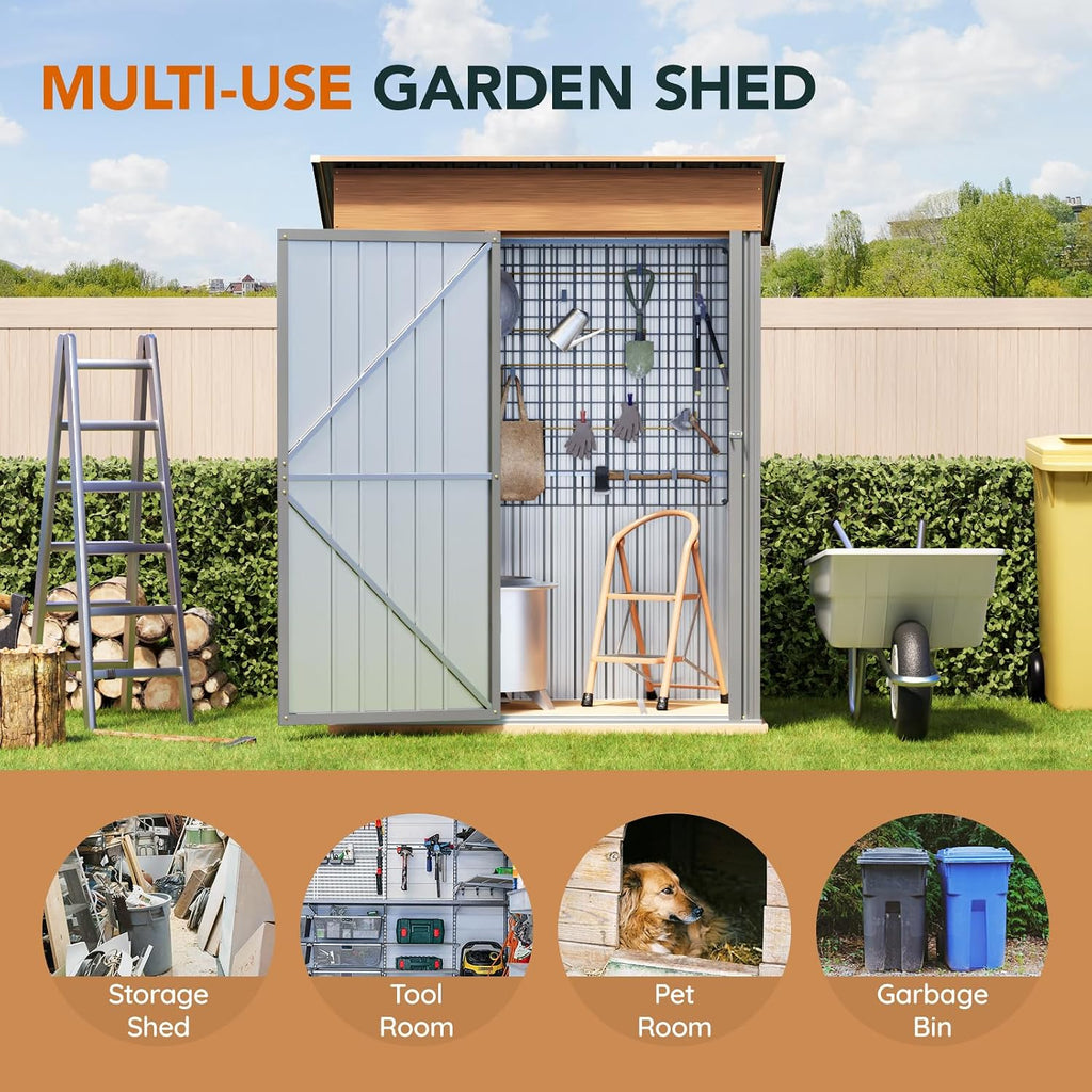 Verdeluxe 5x3FT Multi-Used Shed & Outdoor Storage Shed with Floor Frame, Lockable Doors, Compact Metal Tool Shed for Garden, Backyard, Patio, Utility, and Various Storage(Matte Gray)