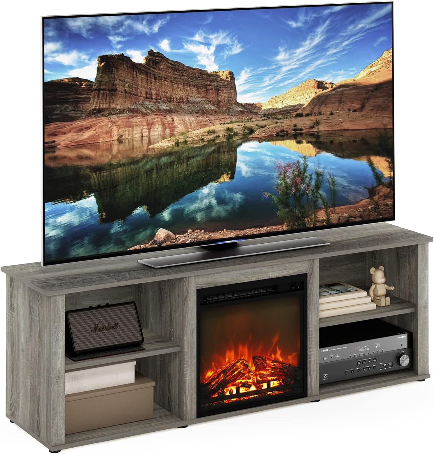 Furinno Classic 70 Inch TV Stand with Fireplace, French Oak Grey