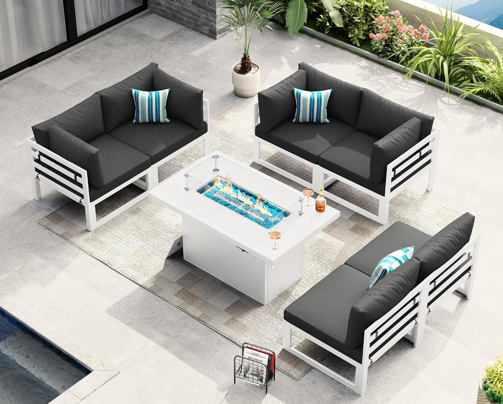 NICESOUL 7 Piece Modern Aluminum Patio Furniture Set with Fire Pit Table, 500 lbs Heavy Duty Outdoor Sectional Sofa, 29' Deep Wide Oversized Seating Conversation Couch for Garden Exterior, Dark Gray