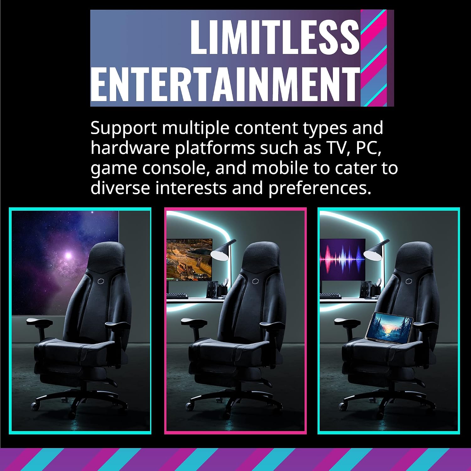 Cooler Master Synk X Ultra Black Ergonomic Real-Time Tactile Immersion Chair, Retractable Leg Rest, All-in-one Controller, Breathable Fabric, Stable Rolling Base, Solid Structure (IXC-SX1-K-US1)