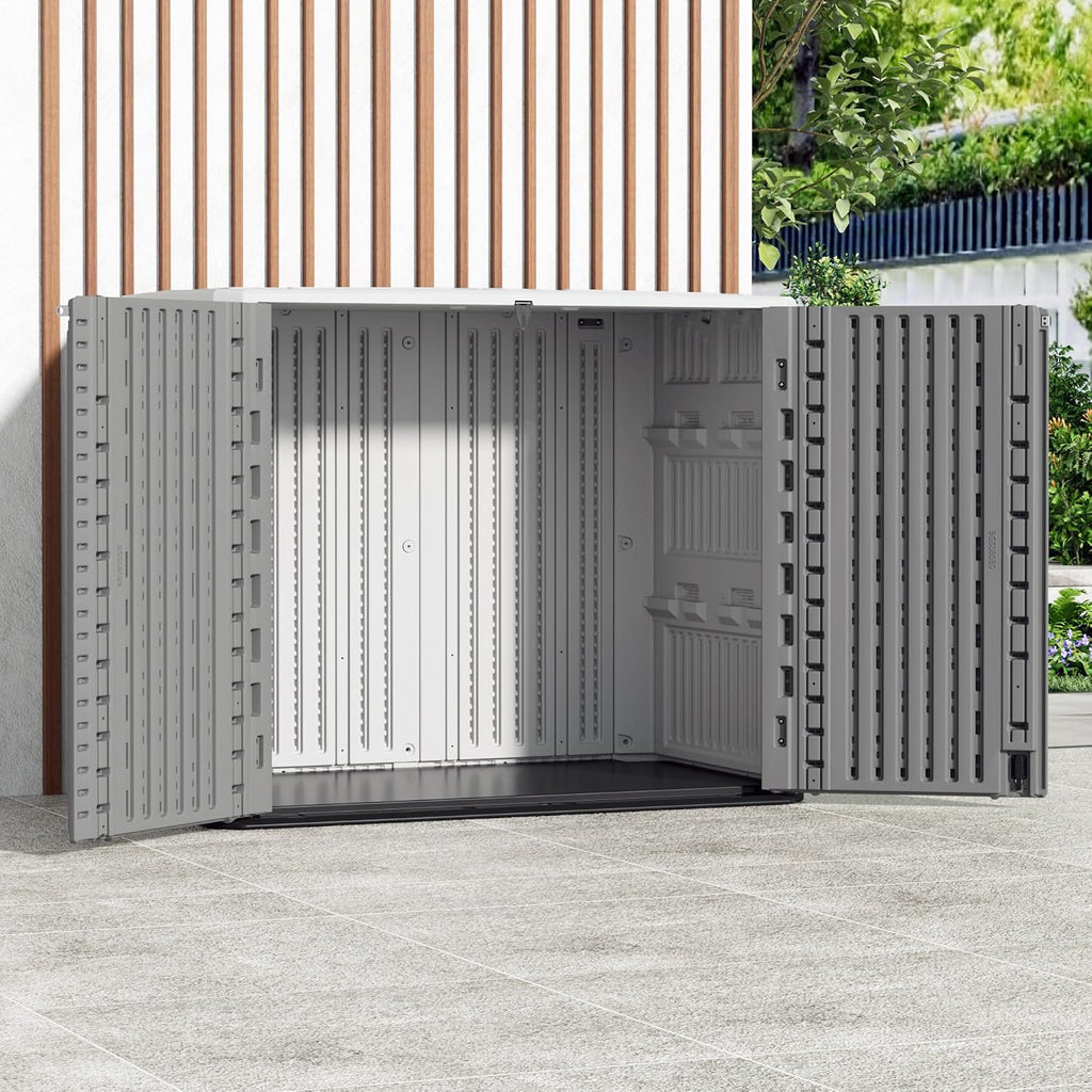 Mrosaa Outdoor Storage Shed Waterproof, Horizontal Outdoor Storage Cabinet for Garbage Cans,Tools and Lawnmower Lockable(34 Cu.ft-Gray and White)