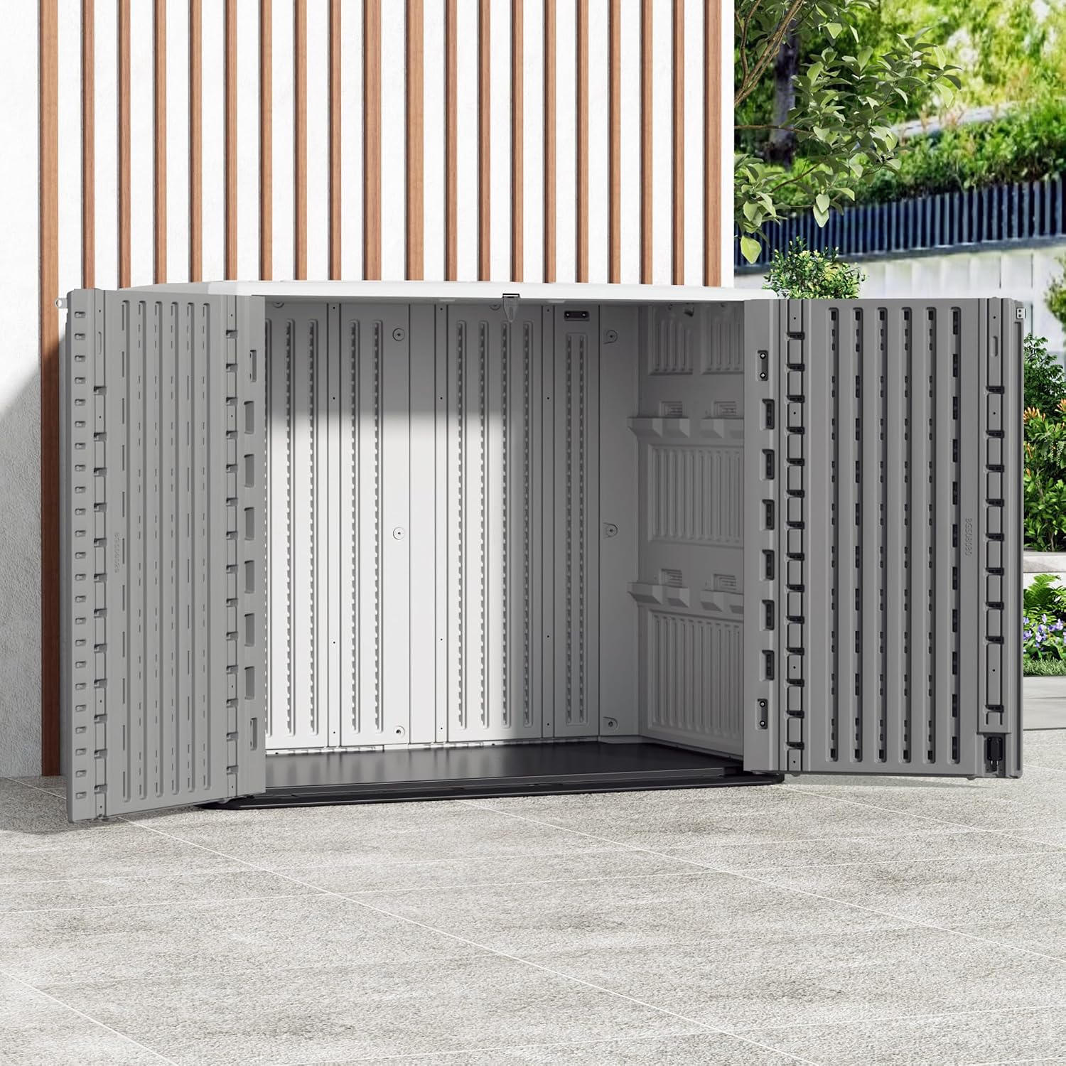 Mrosaa Outdoor Storage Shed Waterproof, Horizontal Outdoor Storage Cabinet for Garbage Cans,Tools and Lawnmower Lockable(34 Cu.ft-Gray and White)