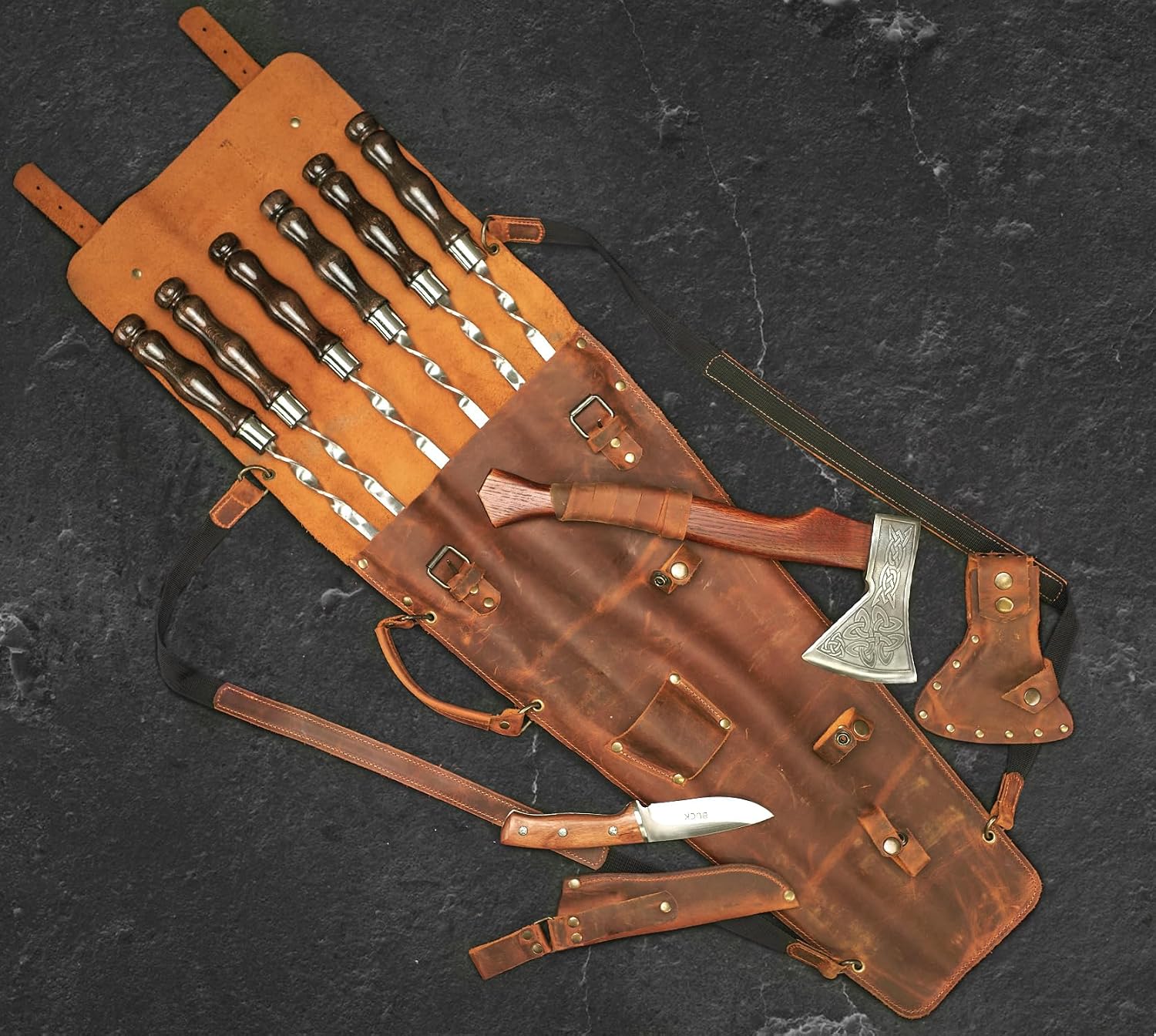 Grilling Supplies for BBQ - Outdoor Skewers Set for BBQ - Premium Barbecue Skewers Tool Sets Grill Utensils - Outdoor Grilling Set - Grill Skewers Set with Leather Case Chieftain