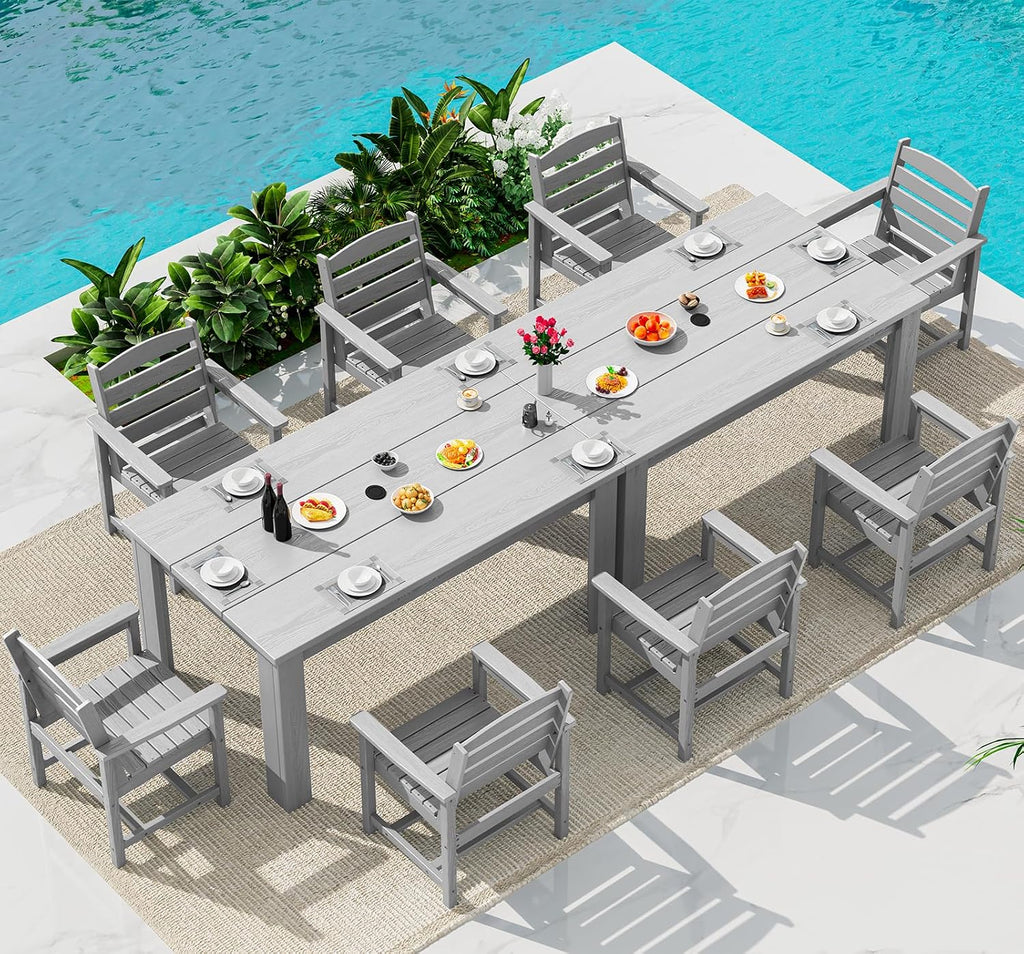SERWALL Outdoor Dining Sets for 8, Outdoor Dining Sets for 8 Person with 2 Umbrella Hole Cut-Out Rectangular Tables and 8 Chairs, HDPE Dining Sets for Garden, Backyard, Poolside, Sliver Gray