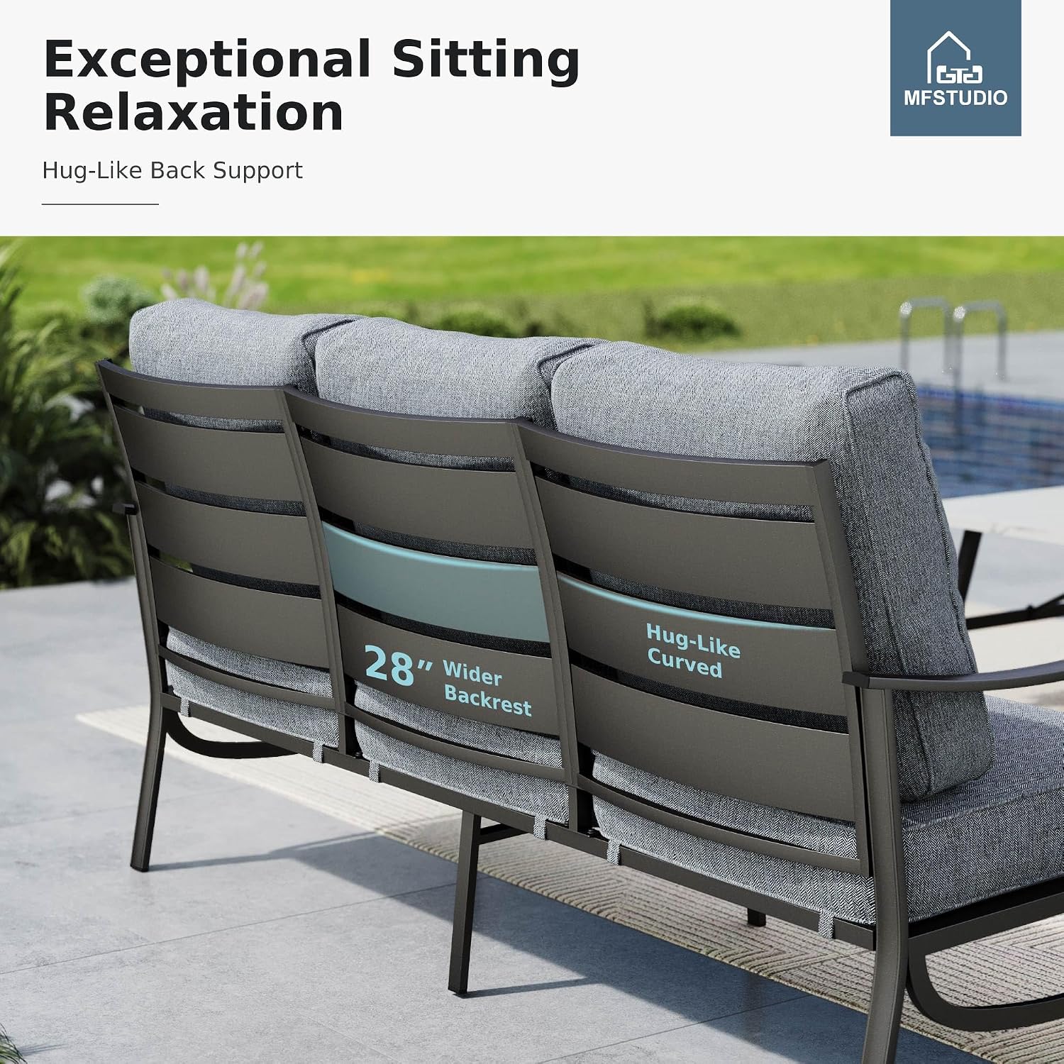 MFSTUDIO Metal Patio Furniture Sets, All-Weather Steel Frame Outdoor Conversation Set Patio Sofa Set with 3-Seats for Garden, Backyard(Grey Cushion)
