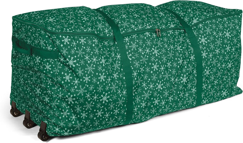 Covermates Keepsakes Christmas Tree Rolling Cinch Bag – Heavy-Duty Polyester Holiday Storage with Wheels, Reinforced Handles & Cinch Straps – Durable Christmas Tree Storage Solution, Green Snowflake