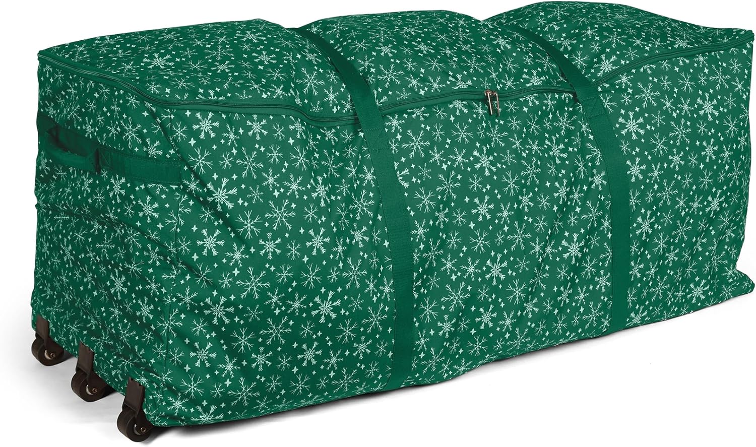 Covermates Keepsakes Christmas Tree Rolling Cinch Bag – Heavy-Duty Polyester Holiday Storage with Wheels, Reinforced Handles & Cinch Straps – Durable Christmas Tree Storage Solution, Green Snowflake