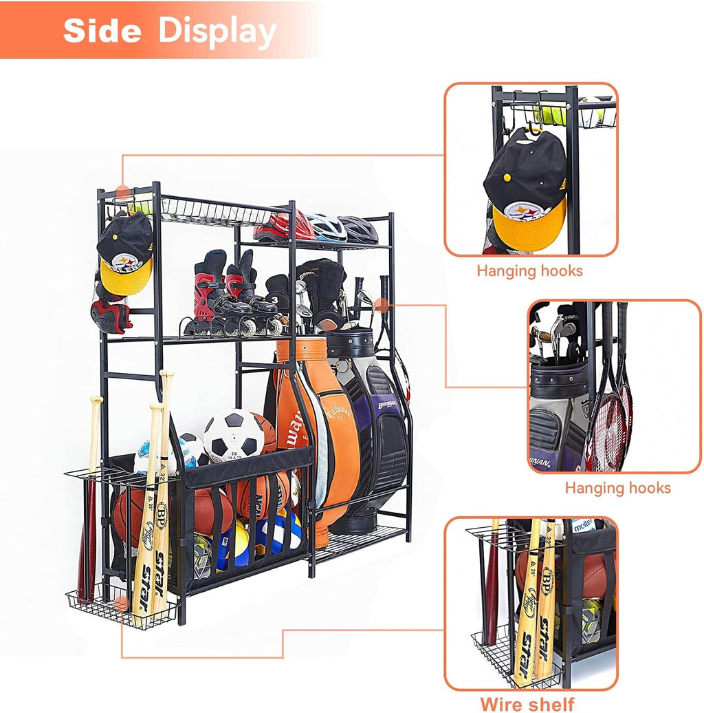 WALMANN Garage Sports Equipment Organizer, Golf Bag Stand for Garage Ball Storage Rack Indoor/Outdoor Kids Toys Storage Organizer Bins, Ball Holder with Baskets