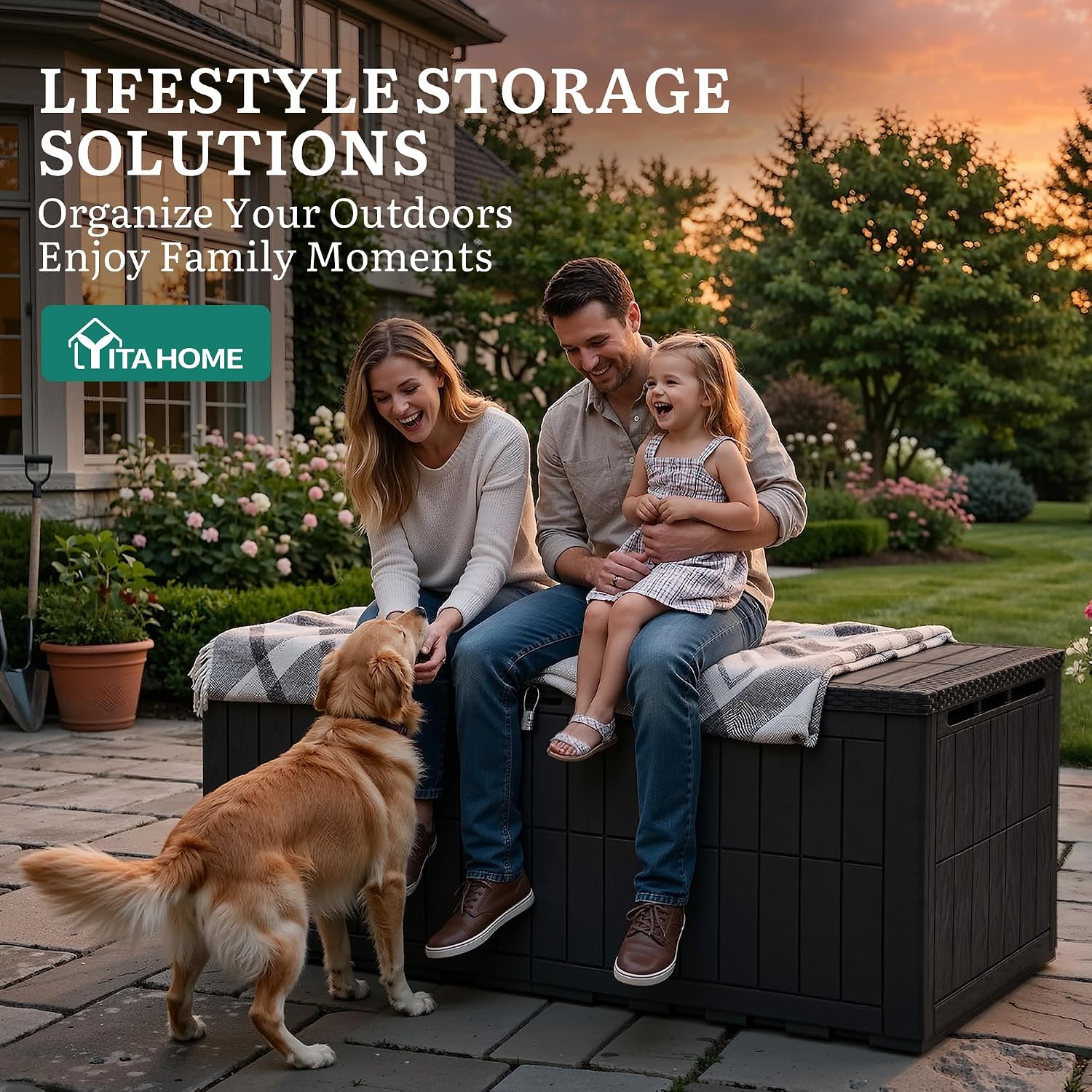 YITAHOME 240 Gallon Large Outdoor Storage Box XXL Resin Deck Box with Lock, Extra-Large Waterproof Patio Furniture Bin and 3-Person Bench Seating for Garden Tools & Pool Accessories, Black
