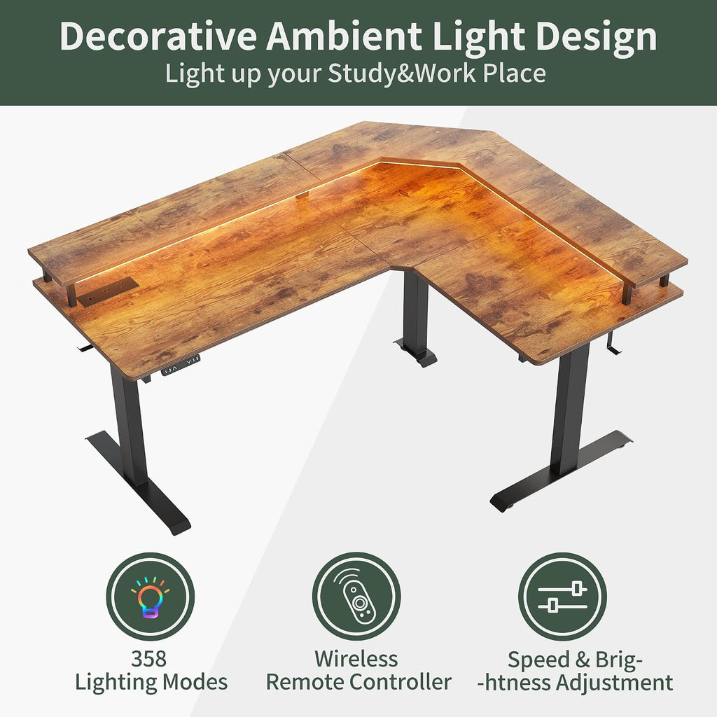 FEZIBO 63'x49' L Shaped Standing Desk with LED Strip & Power Outlets, Height Adjustable Stand up Corner Gaming Desk with Ergonomic Monitor Stand, Rustic Brown Top/Black Frame（2 Packages）