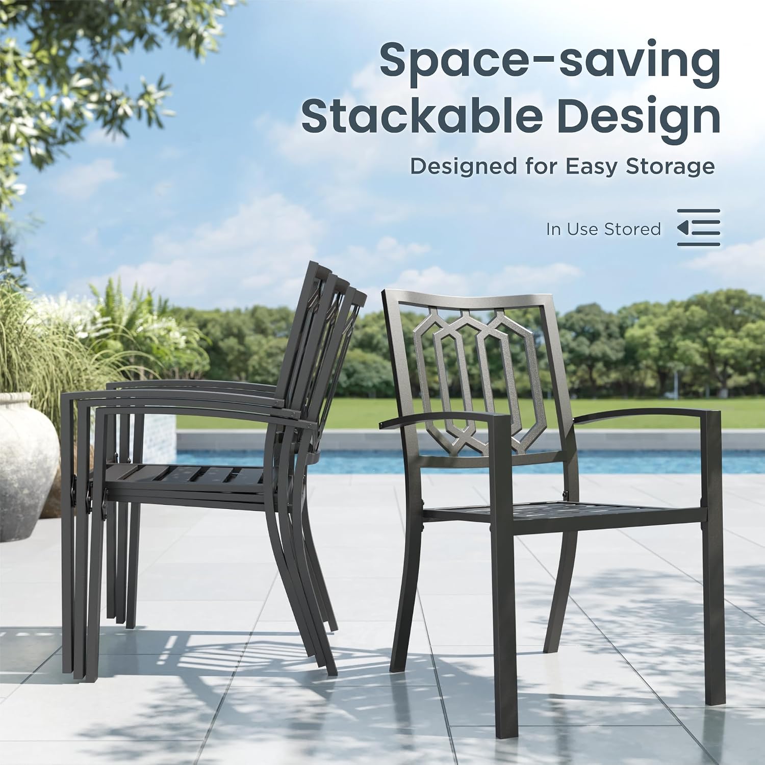 PHI VILLA 7 Piece Outdoor Dining Set for 6, 60' Rectangular Metal Steel Table with Umbrella Hole & Stackable Chairs, Heavy-Duty Furniture Set for Patio, Deck, Yard, Porch - Black