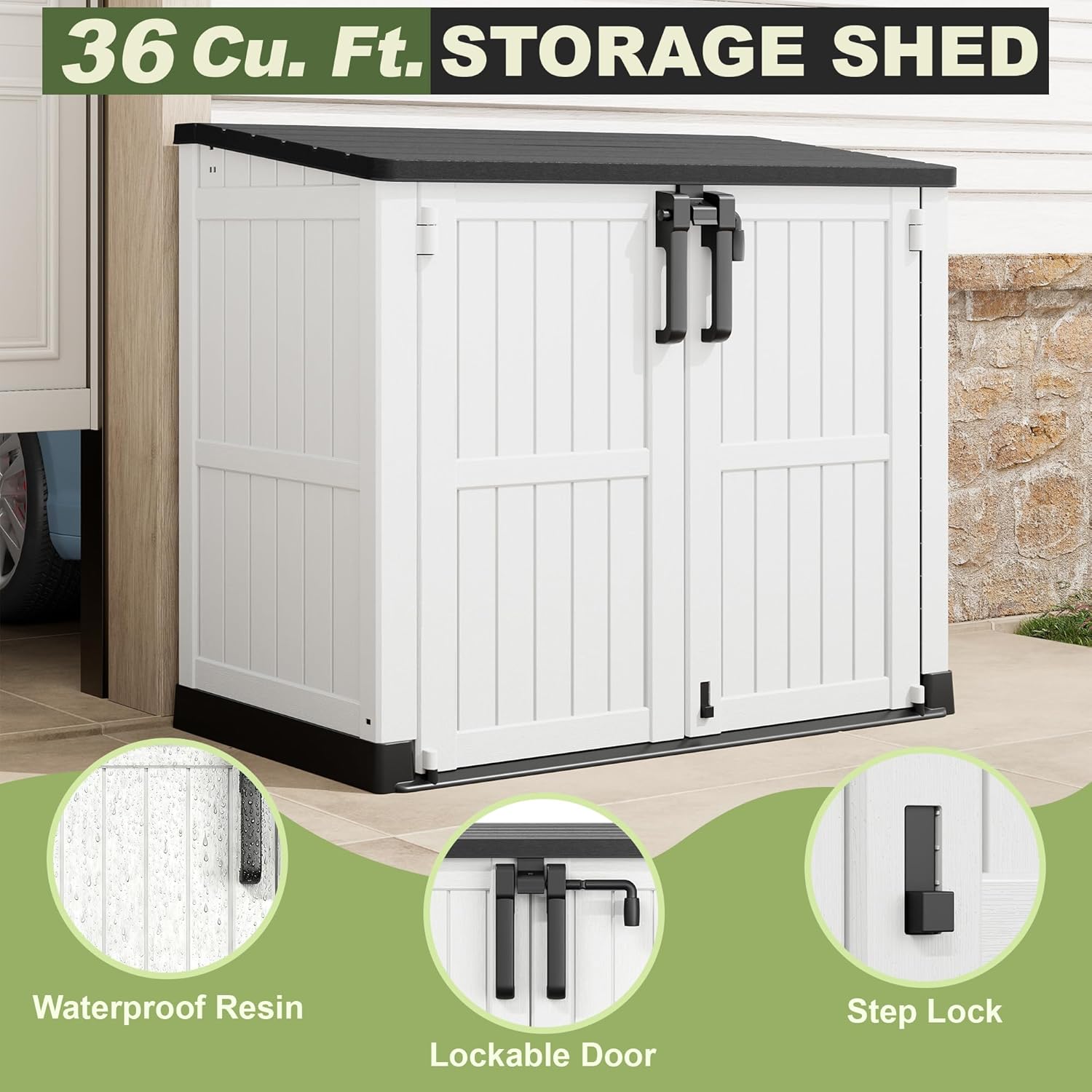 Plastic Outdoor Storage Shed, 36 Cu Ft Waterproof Outdoor Storage Cabinet with Dual Lock Door for Backyard, Patio, Garage, Garden to Store Tools & Accessories, Wood-Grain（Ashen