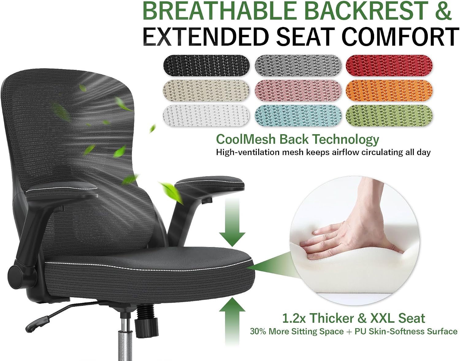 Ergonomic Office Chair - Desk Chair with Adjustable Lumbar Support Computer Chair - Mesh Comfy Chair with Flip-up Armrests - Gaming Chairs for Adults Home Office (Leather, Black)