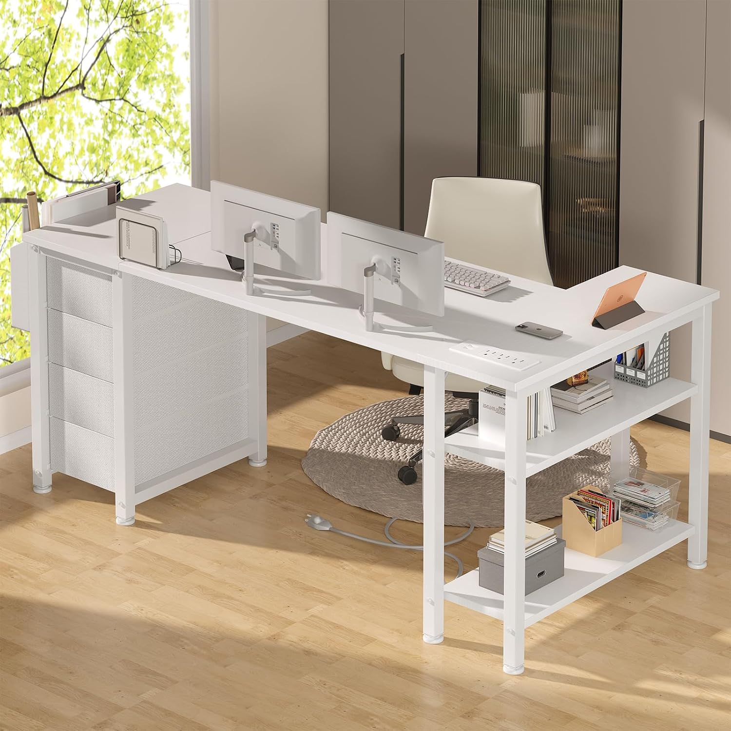 Lufeiya White L Shaped Desk with Drawers & Storage Shelves, 55 Inch Corner Computer Desk with Power Outlet for Home Office Bedroom, L-Shaped Teen PC Desks with Fabric Drawer, White
