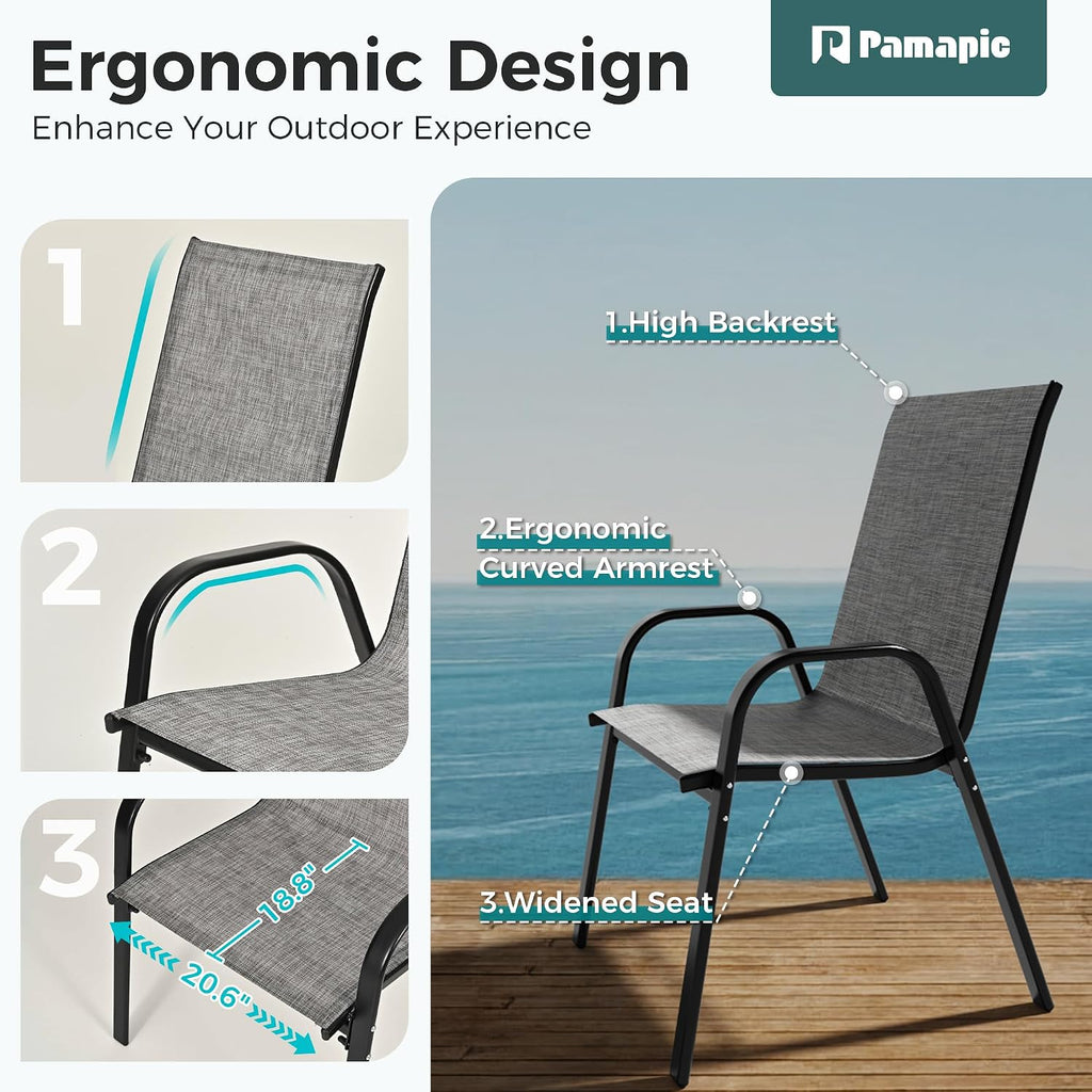 Pamapic Outdoor Dining Sets for 6, Rectangular Steel Slat Table with 6 Textilene Chairs, 7 Piece Patio Table and Chairs Set with Umbrella Hole for Patio, Garden, Backyard and Poolside (Grey)